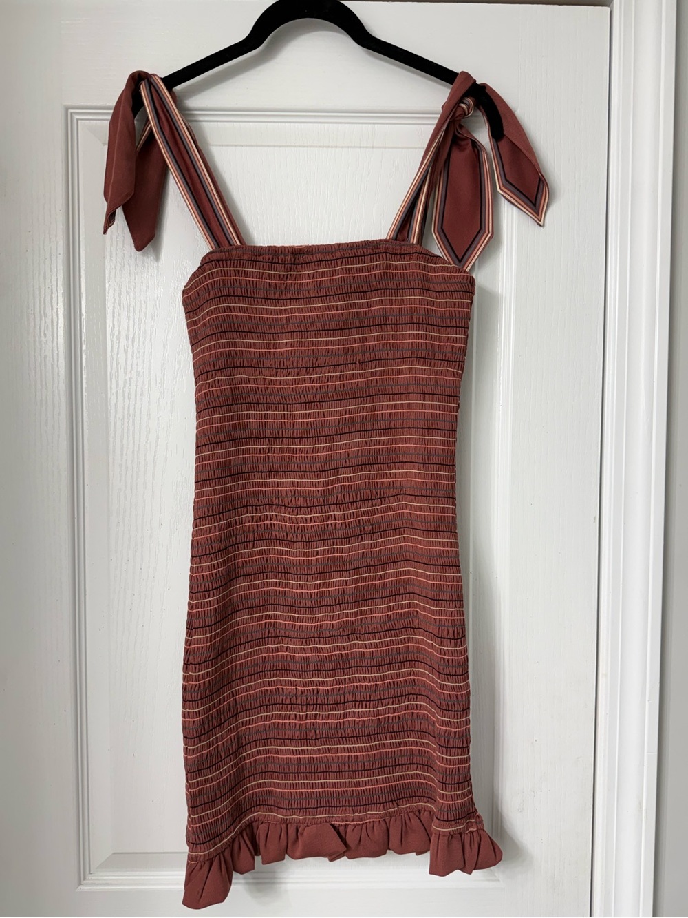 Storia Rust Striped Smocked Tie-Shoulder Mini Dress